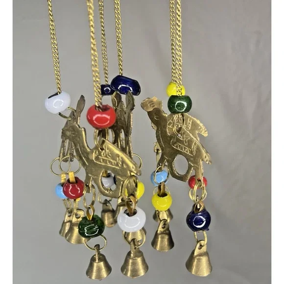 Vintage Dome Hanging Wind Chime Brass Camel Beaded Accents Bohemian Style Decor - Picture 6 of 10